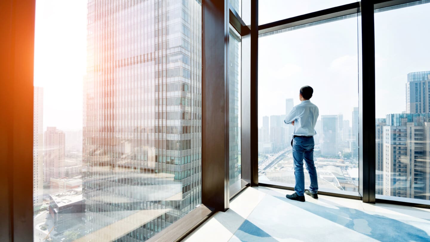 Businessman standing and looking at cityscape