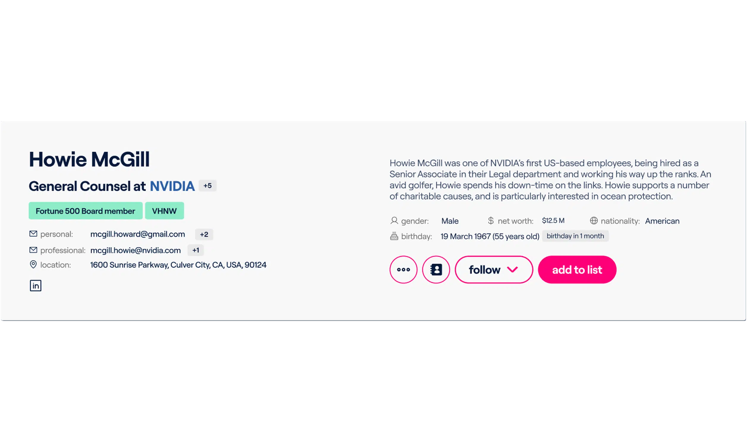 Altrata Platform - Profile of Fortune 500 Board member, VHNW