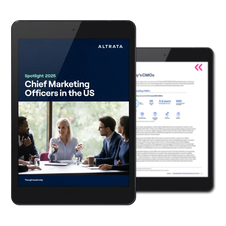 Tablet image displaying the cover of Altrata's latest thought leadership report: the Spotlight 2025 Chief Marketing Officers in the US report