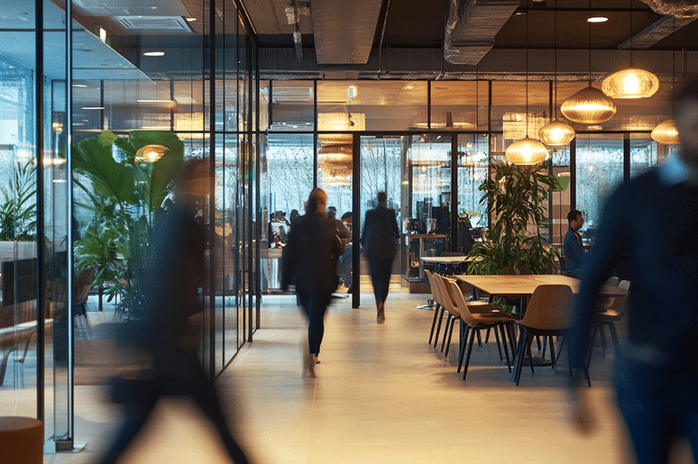 People walk around a warm lit office