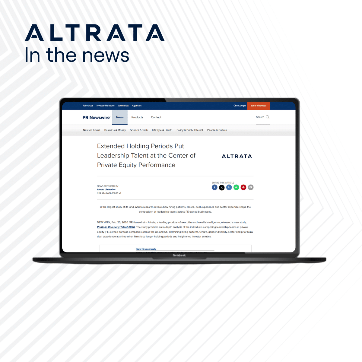 Image with laptop shows a recent press release that has gone out from Altrata featuring the Portfolio Company Talent r2026 report