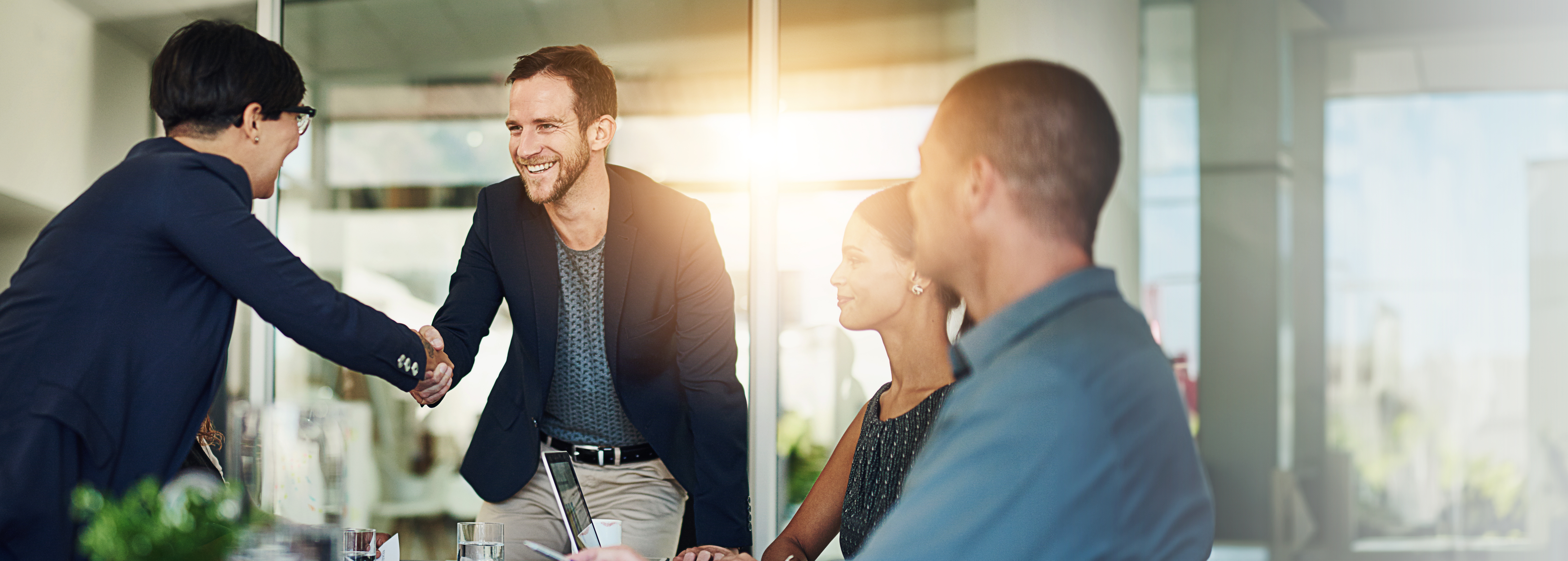 Investment banking professionals greeting one another with a handshake during a business meeting.