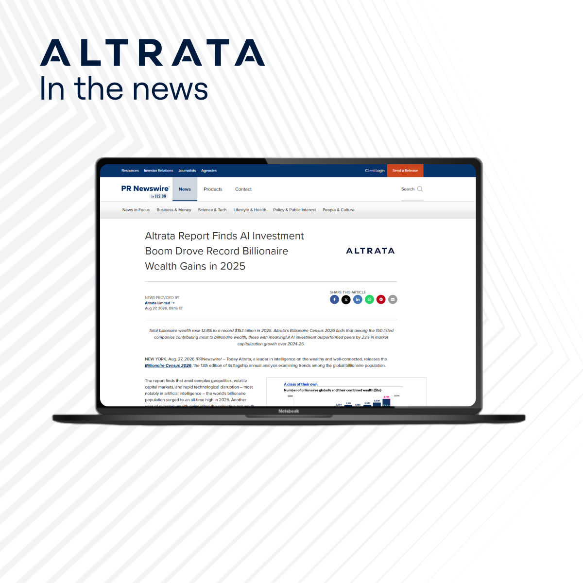 "Altrata In the news" header above a laptop displaying the PR Newswire press release for Altrata's Billionaire Census 2026, headlined "AI Investment Boom Drove Record Billionaire Wealth Gains in 2025"