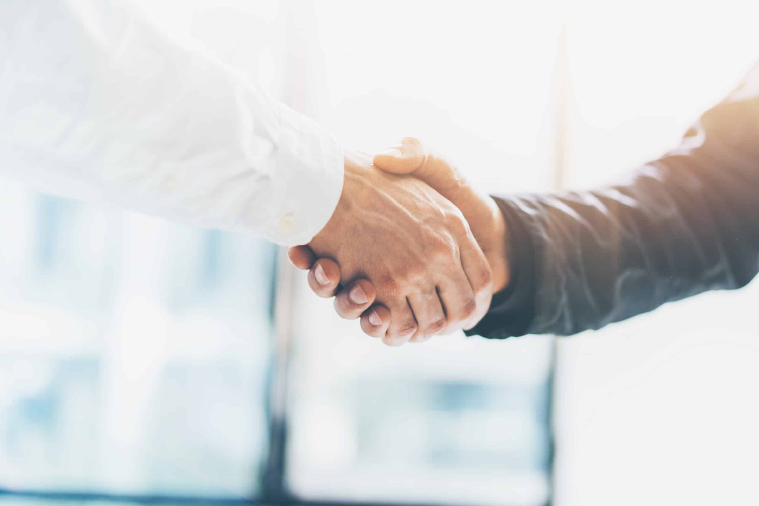 Two professionals shaking hands in a business setting